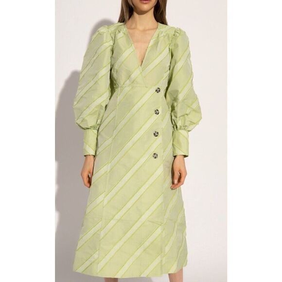Ganni Green Dress with puff sleeves Midi suze 34 US 2 - Picture 1 of 16